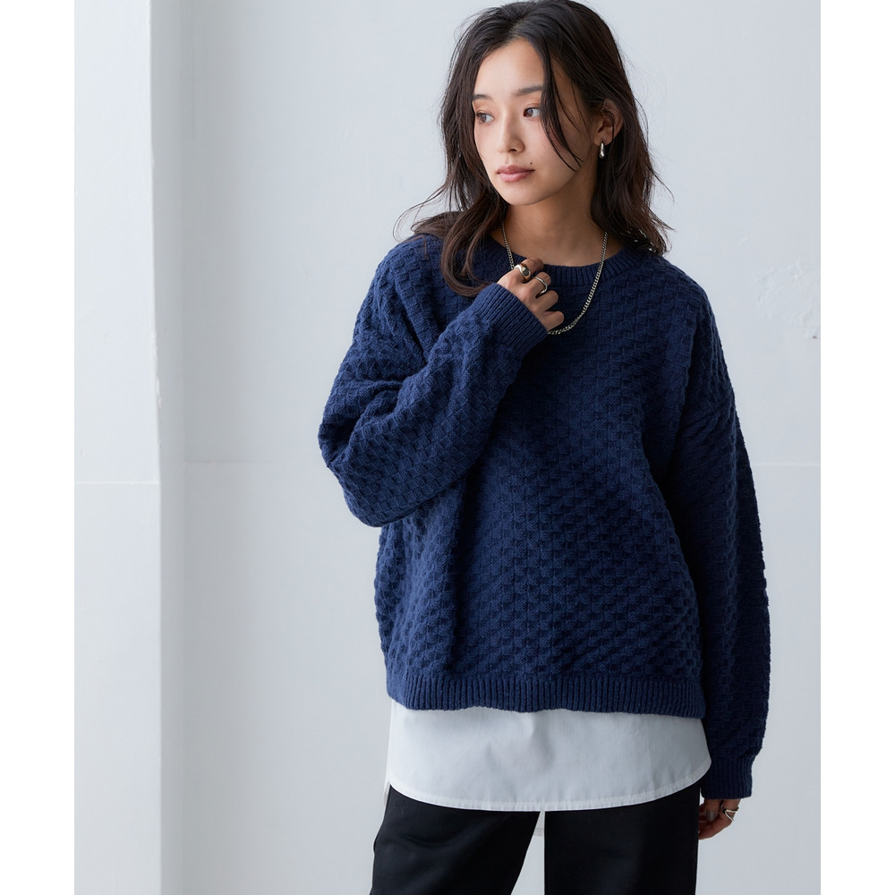 洗えるふんわり編み柄オーバーサイズ鹿の子ニットプルオーバー 大きいサイズ12