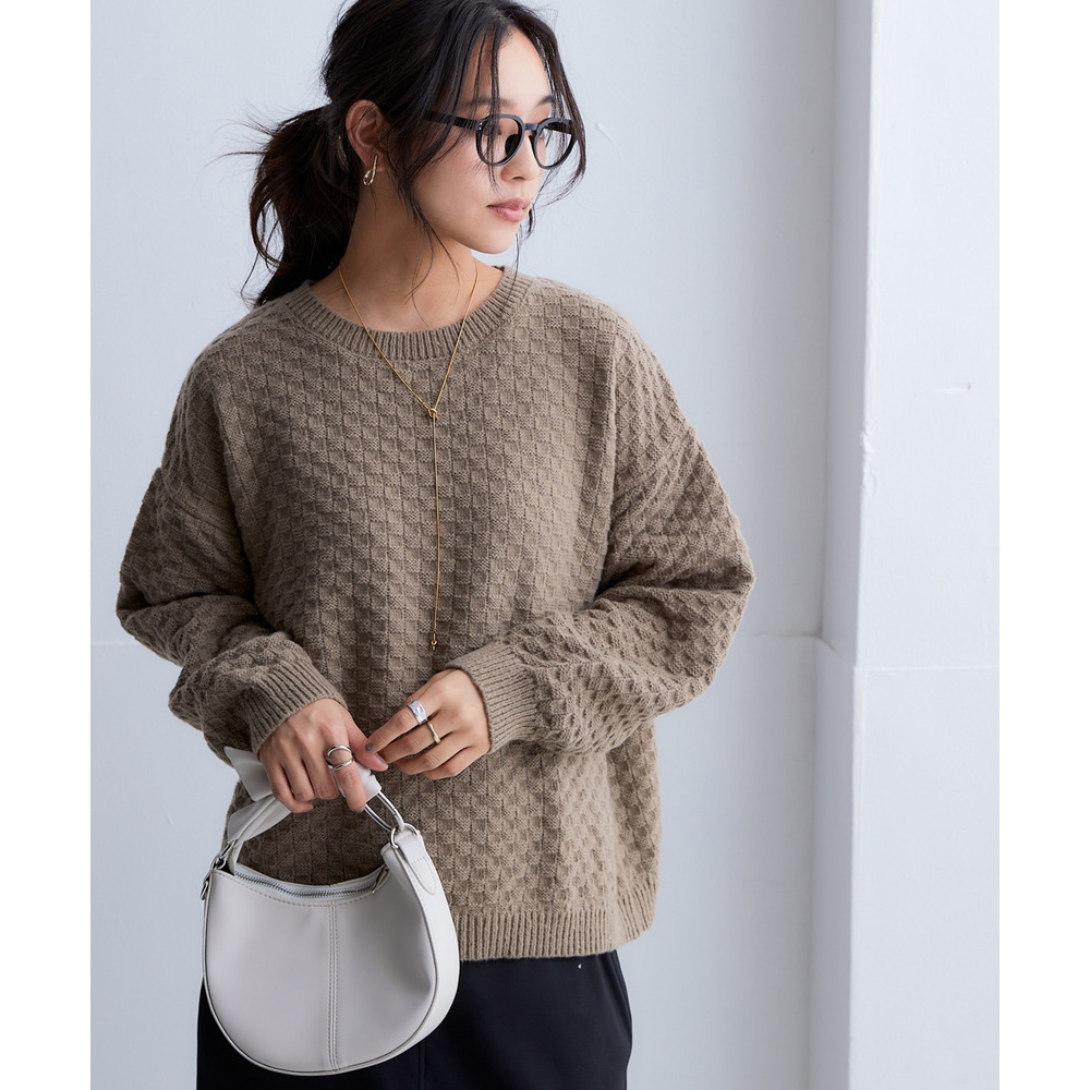 洗えるふんわり編み柄オーバーサイズ鹿の子ニットプルオーバー 大きいサイズ14