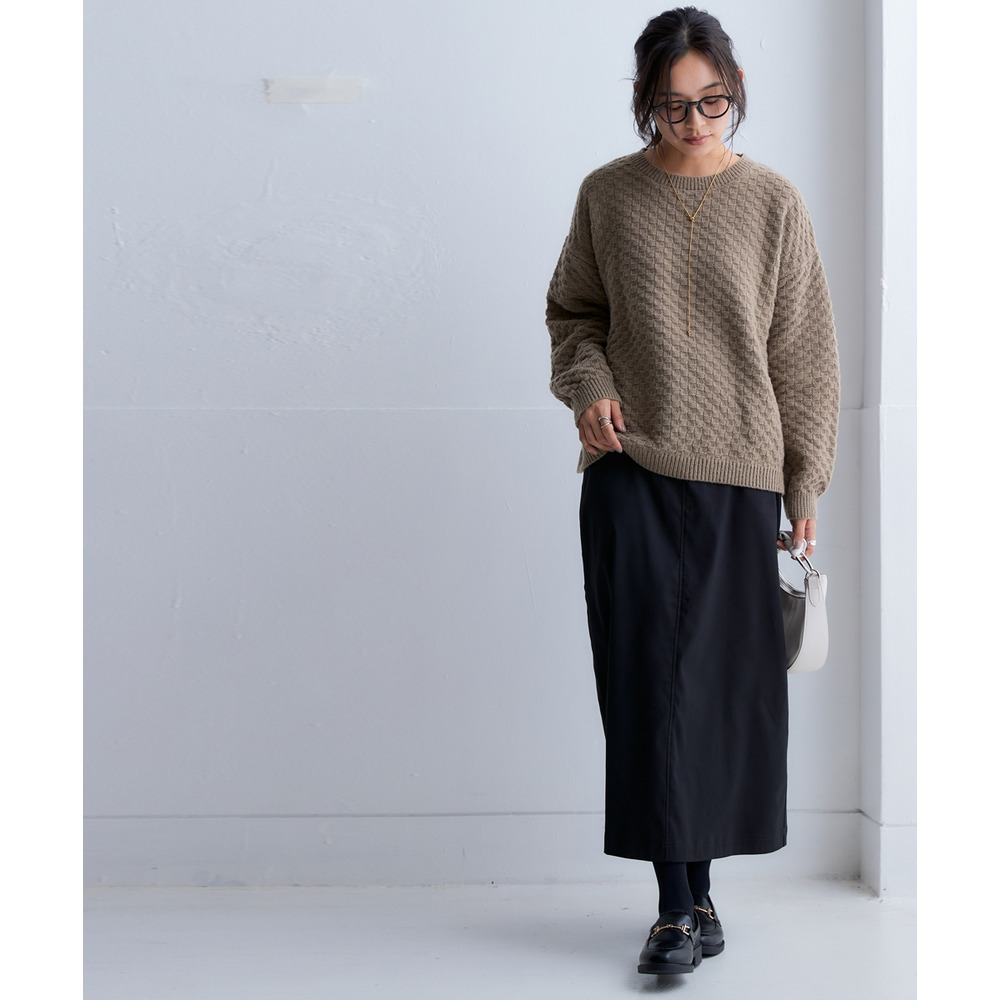 洗えるふんわり編み柄オーバーサイズ鹿の子ニットプルオーバー 大きいサイズ16