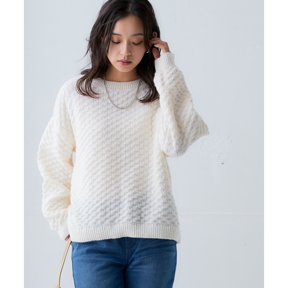 洗えるふんわり編み柄オーバーサイズ鹿の子ニットプルオーバー 大きいサイズ17