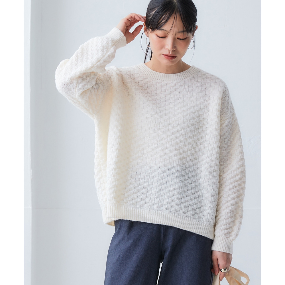 洗えるふんわり編み柄オーバーサイズ鹿の子ニットプルオーバー 大きいサイズ24