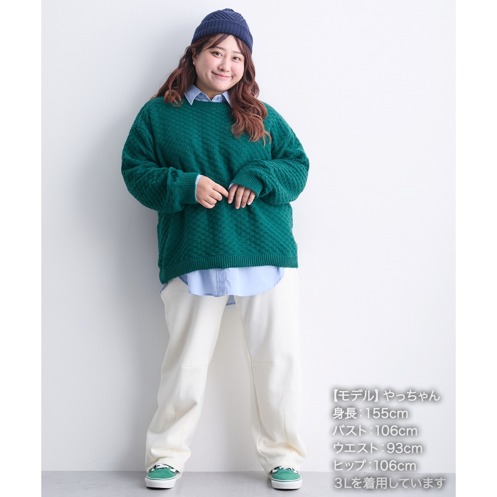 洗えるふんわり編み柄オーバーサイズ鹿の子ニットプルオーバー 大きいサイズ28