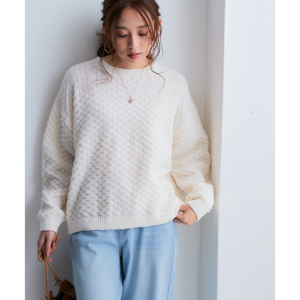 洗えるふんわり編み柄オーバーサイズ鹿の子ニットプルオーバー 大きいサイズ9