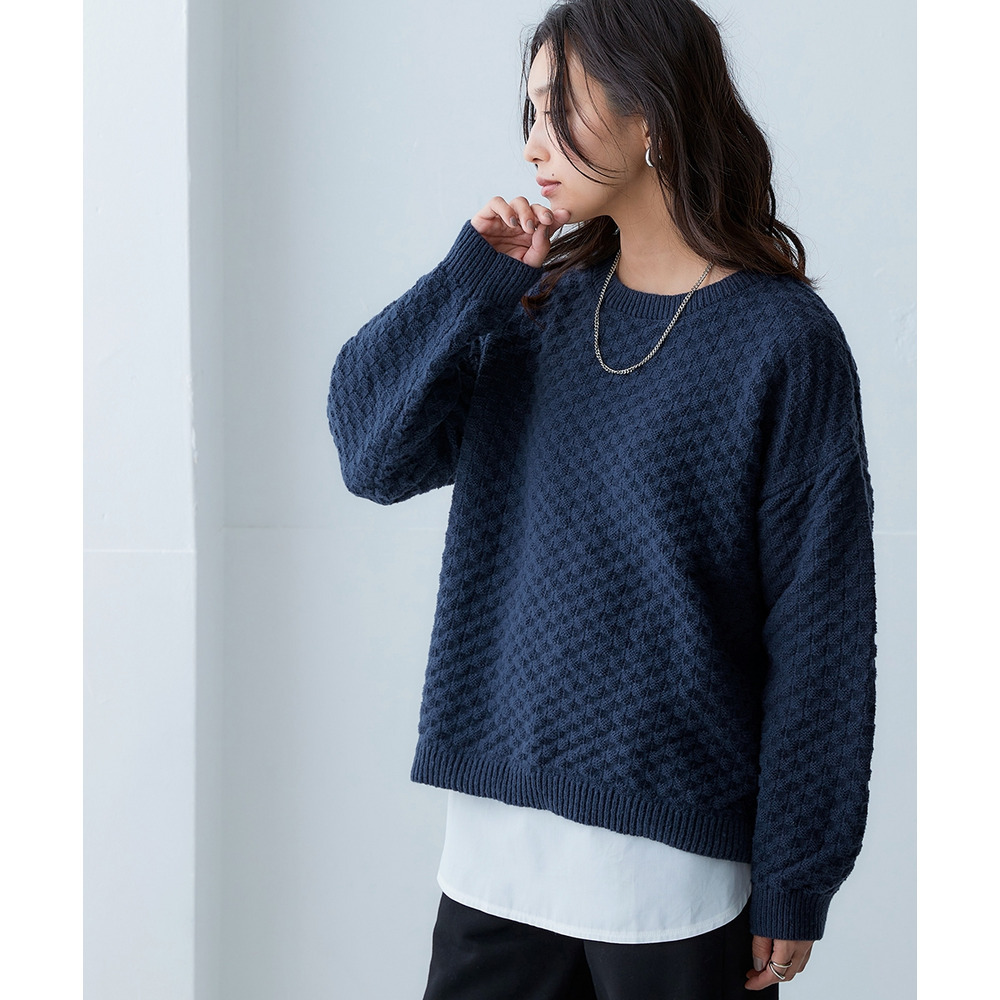 洗えるふんわり編み柄オーバーサイズ鹿の子ニットプルオーバー 大きいサイズ1