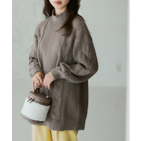 洗えるふんわり編み柄ケーブル切り替えチュニックニット 大きいサイズ