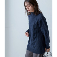 洗えるふんわり編み柄ケーブル切り替えチュニックニット 大きいサイズ