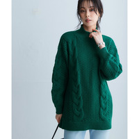 洗えるふんわり編み柄ケーブル切り替えチュニックニット 大きいサイズ