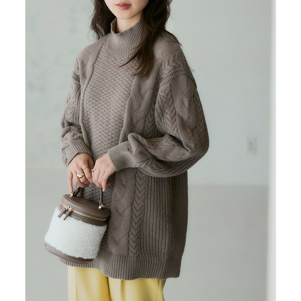 洗えるふんわり編み柄ケーブル切り替えチュニックニット 大きいサイズ1