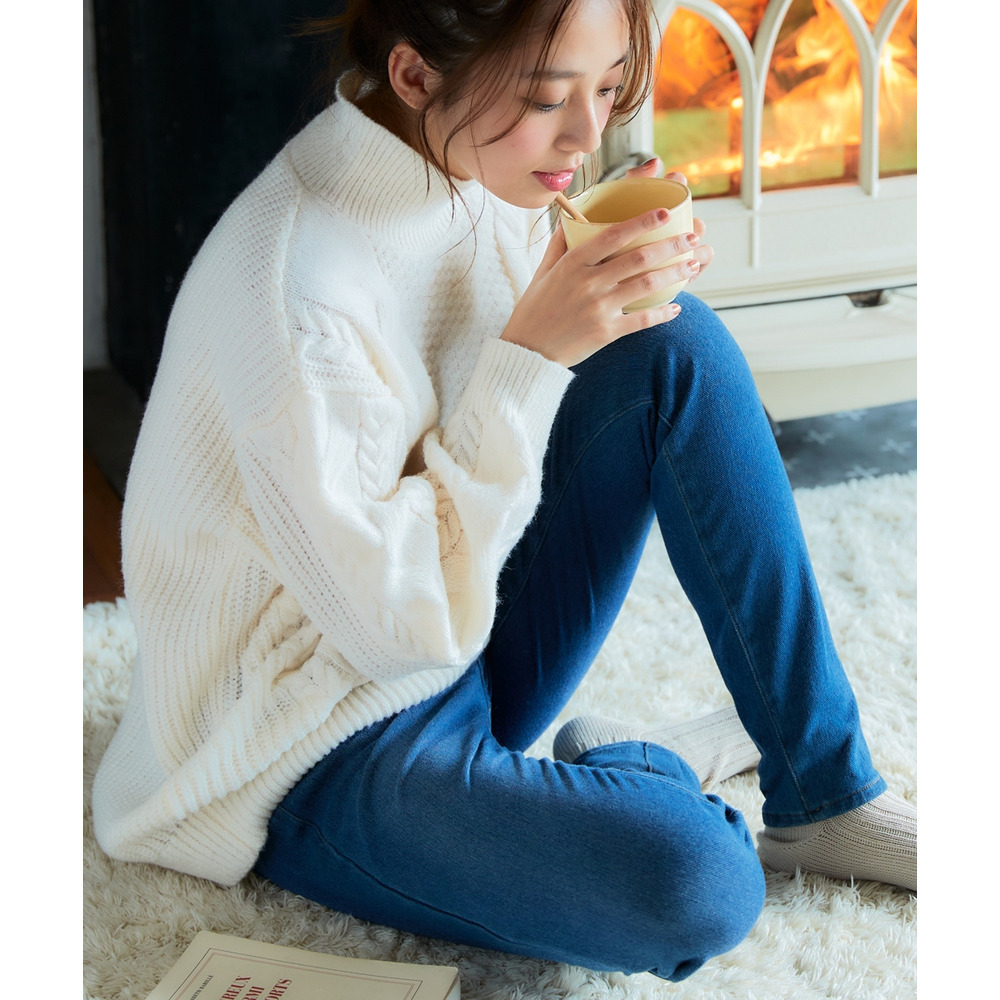 洗えるふんわり編み柄ケーブル切り替えチュニックニット 大きいサイズ10