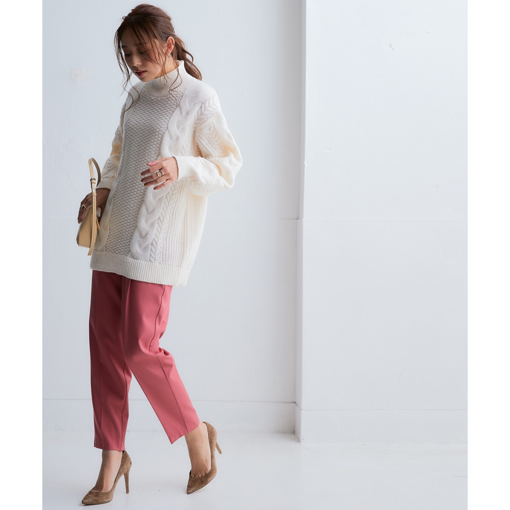 洗えるふんわり編み柄ケーブル切り替えチュニックニット 大きいサイズ12