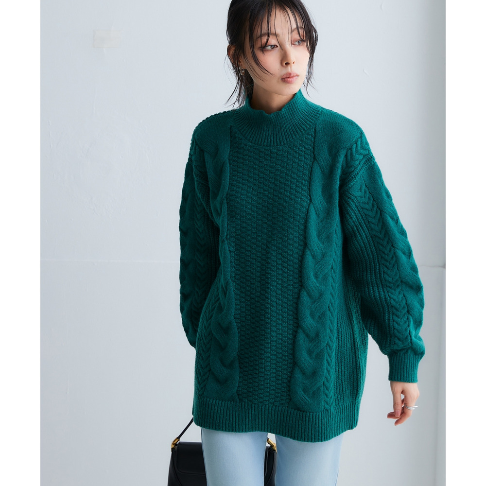 洗えるふんわり編み柄ケーブル切り替えチュニックニット 大きいサイズ13