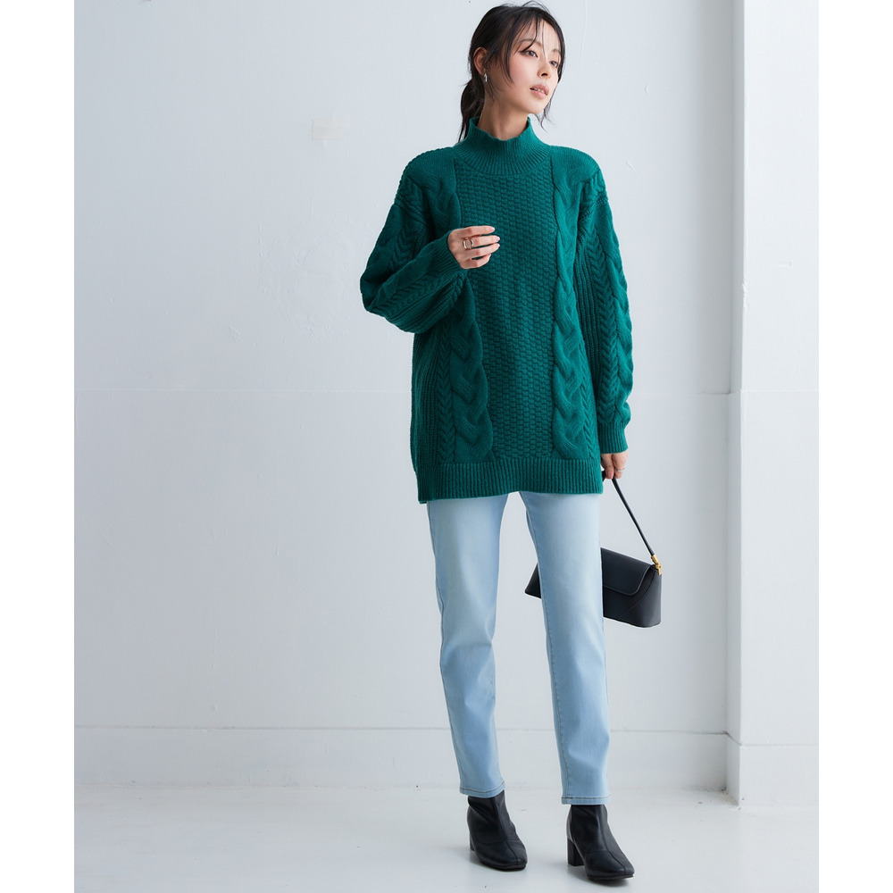 洗えるふんわり編み柄ケーブル切り替えチュニックニット 大きいサイズ14