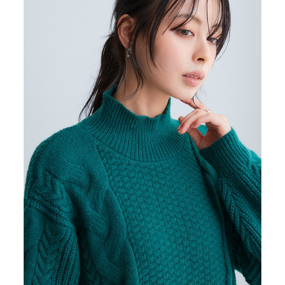 洗えるふんわり編み柄ケーブル切り替えチュニックニット 大きいサイズ15