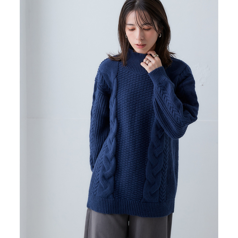 洗えるふんわり編み柄ケーブル切り替えチュニックニット 大きいサイズ16