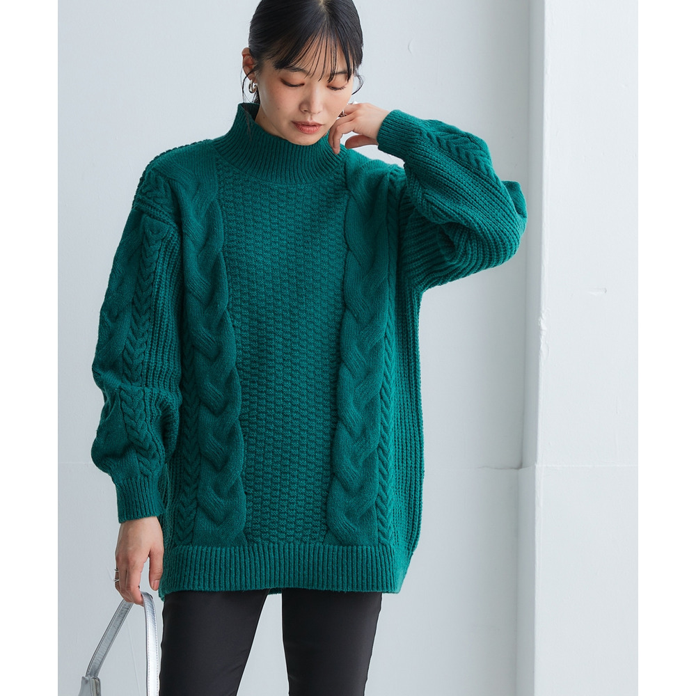 洗えるふんわり編み柄ケーブル切り替えチュニックニット 大きいサイズ18