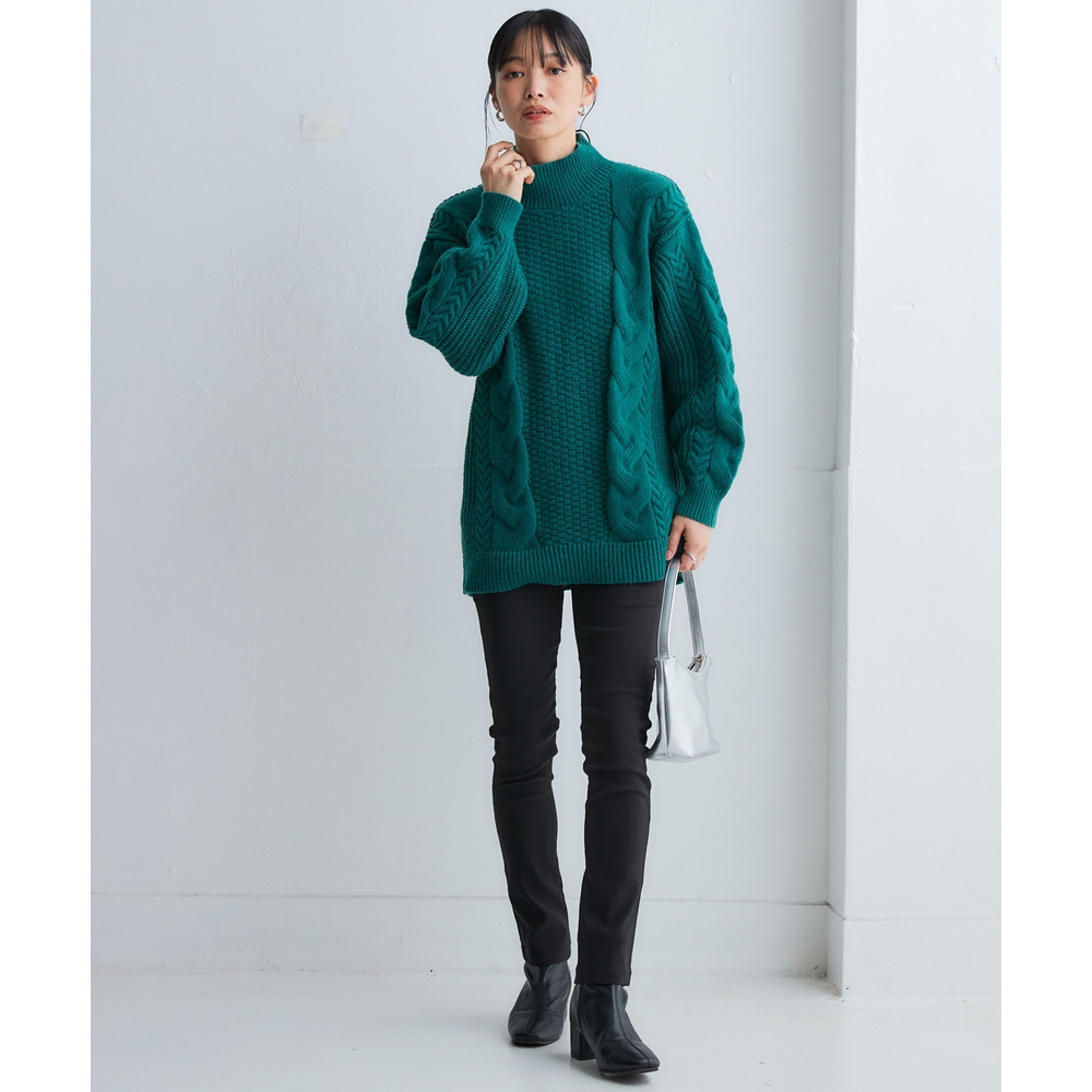 洗えるふんわり編み柄ケーブル切り替えチュニックニット 大きいサイズ19