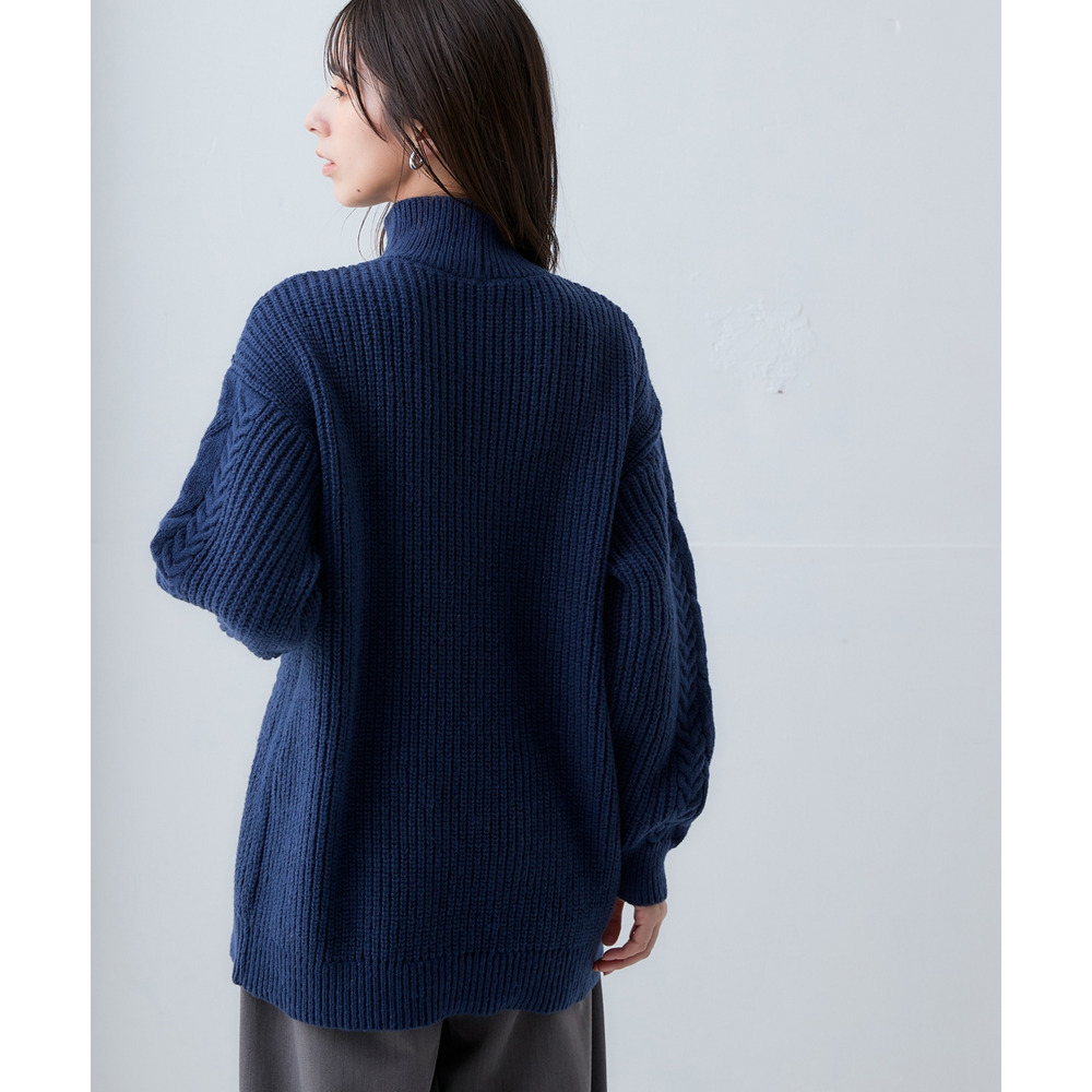 洗えるふんわり編み柄ケーブル切り替えチュニックニット 大きいサイズ21