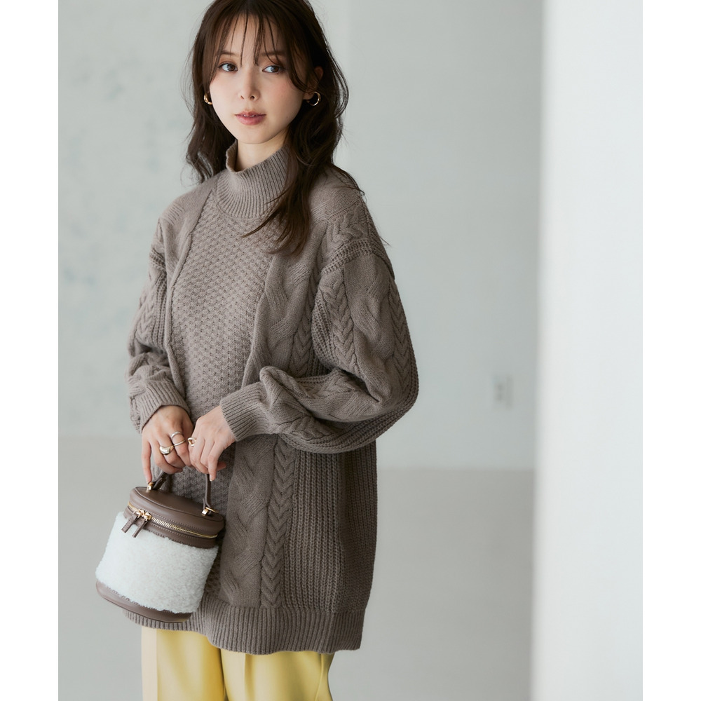 洗えるふんわり編み柄ケーブル切り替えチュニックニット 大きいサイズ7