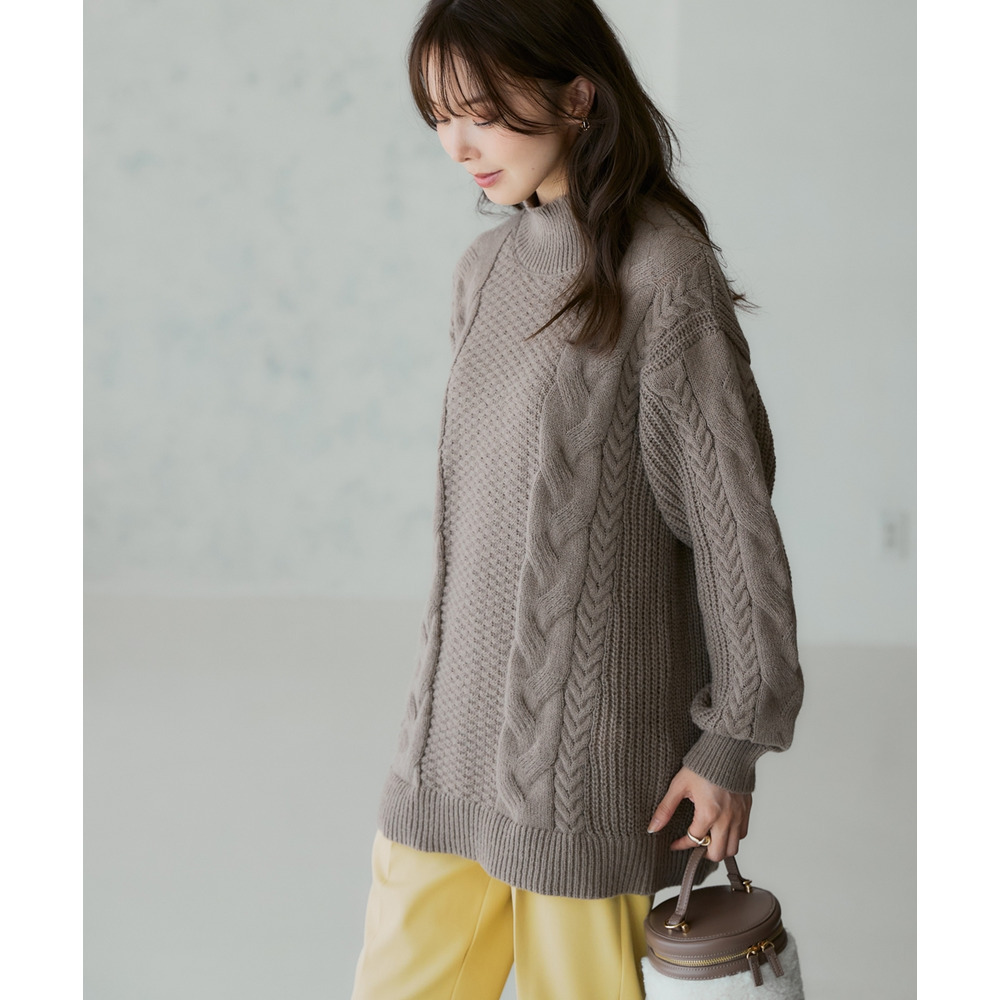 洗えるふんわり編み柄ケーブル切り替えチュニックニット 大きいサイズ8
