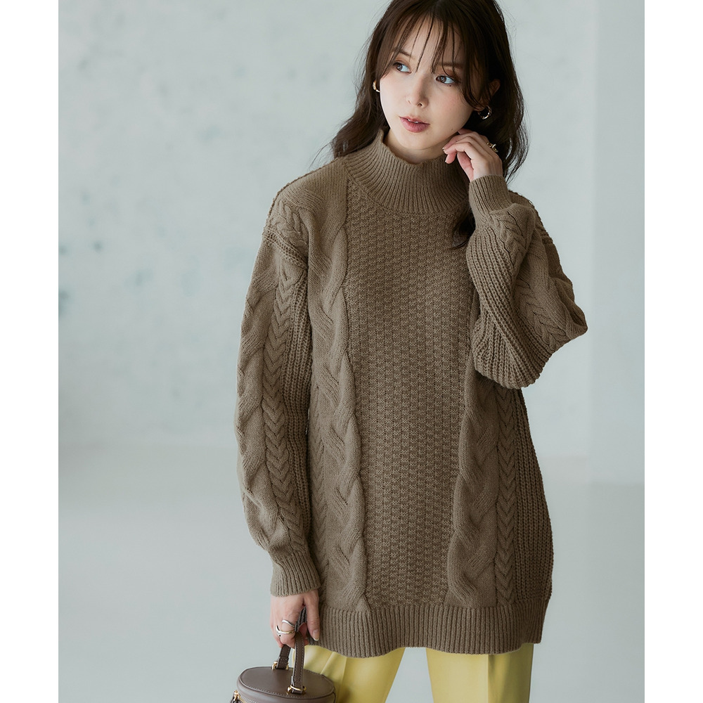 洗えるふんわり編み柄ケーブル切り替えチュニックニット 大きいサイズ1