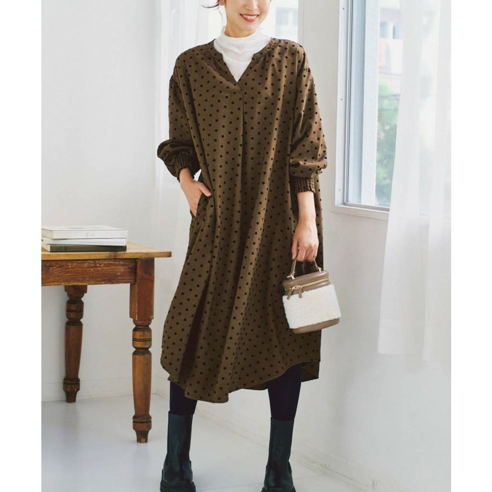 ゆるシルエットフロッキードットワンピース 大きいサイズ1