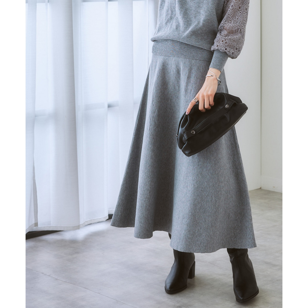 【ふんわりモチモチ素材】ミディー丈ニットフレアスカート 大きいサイズ12