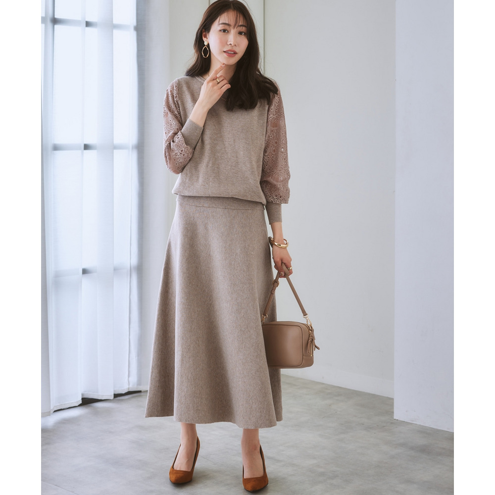 【ふんわりモチモチ素材】ミディー丈ニットフレアスカート 大きいサイズ16