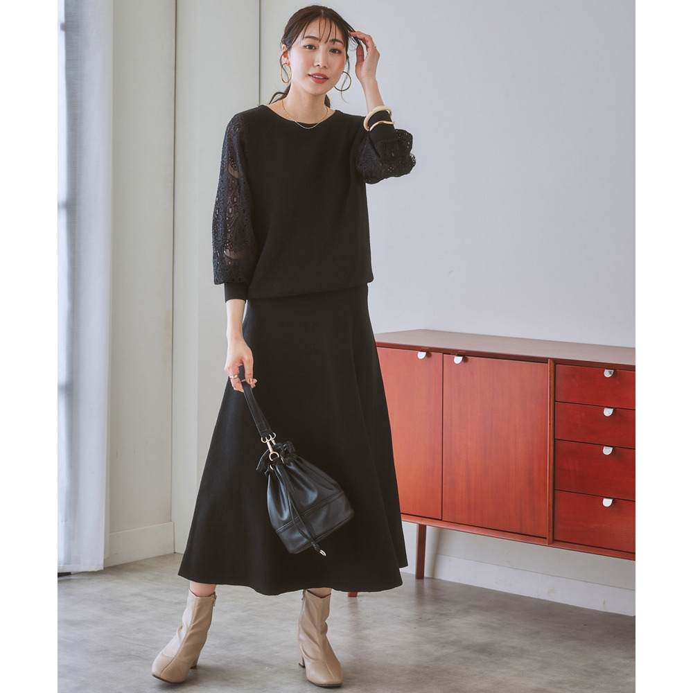 【ふんわりモチモチ素材】ミディー丈ニットフレアスカート 大きいサイズ20