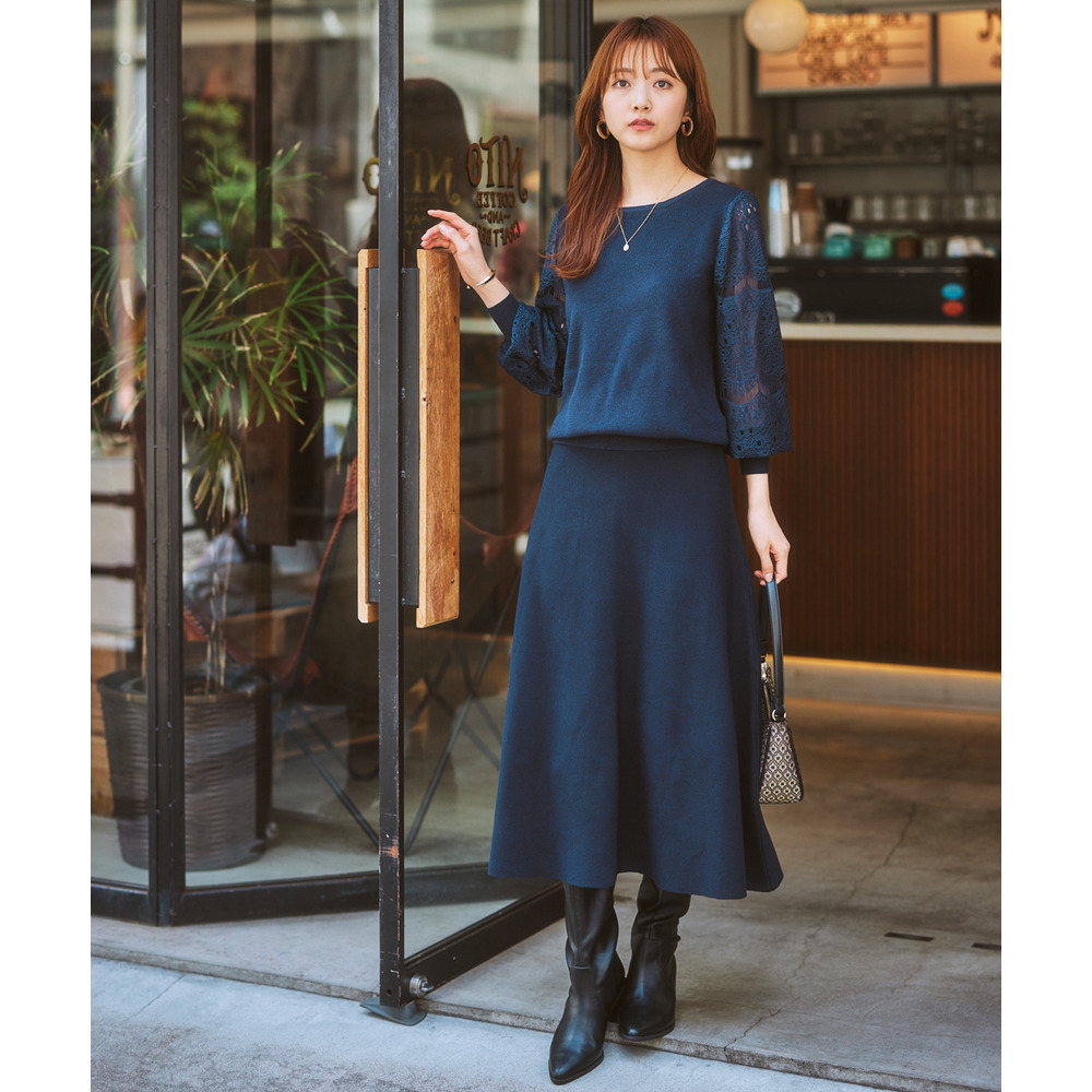 【ふんわりモチモチ素材】ミディー丈ニットフレアスカート 大きいサイズ8