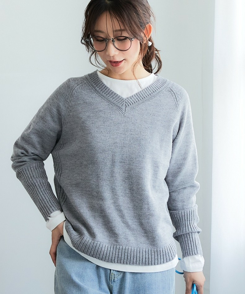 洗える裾ラウンドＶネックニット　大きいサイズ