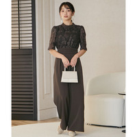 【結婚式・パーティードレス】スタンドカラー刺繍レースオールインワンパンツドレス 大きいサイズ