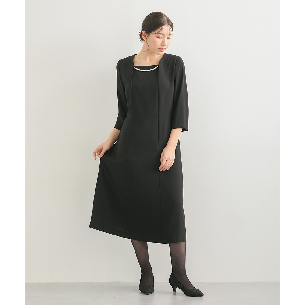 【喪服・礼服】洗える防シワパールネックレス付前開きワンピース 大きいサイズ