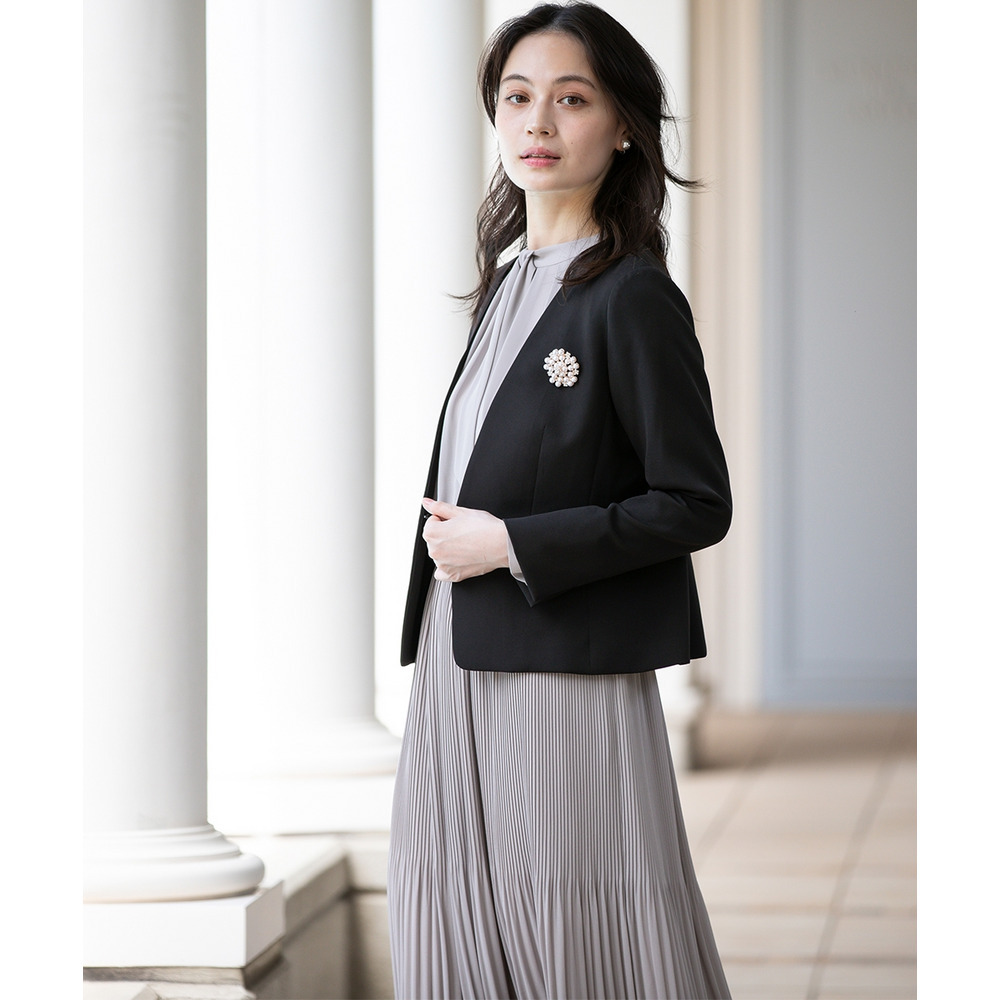 【入学式・卒業式・フォーマル】ダブルクロスノーカラージャケット+シフォンジョーゼットプリーツワンピースアンサンブル 大きいサイズ16