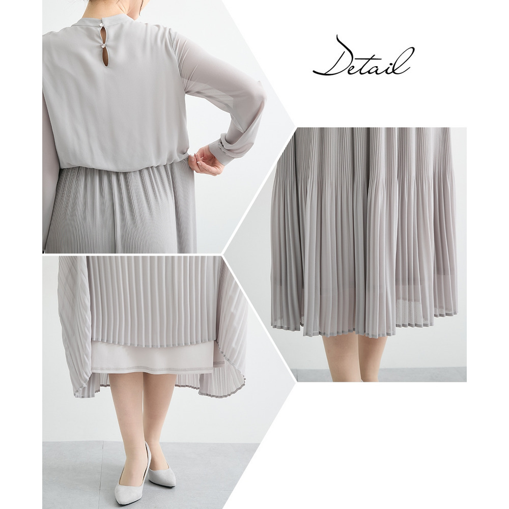 【入学式・卒業式・フォーマル】ダブルクロスノーカラージャケット+シフォンジョーゼットプリーツワンピースアンサンブル 大きいサイズ29