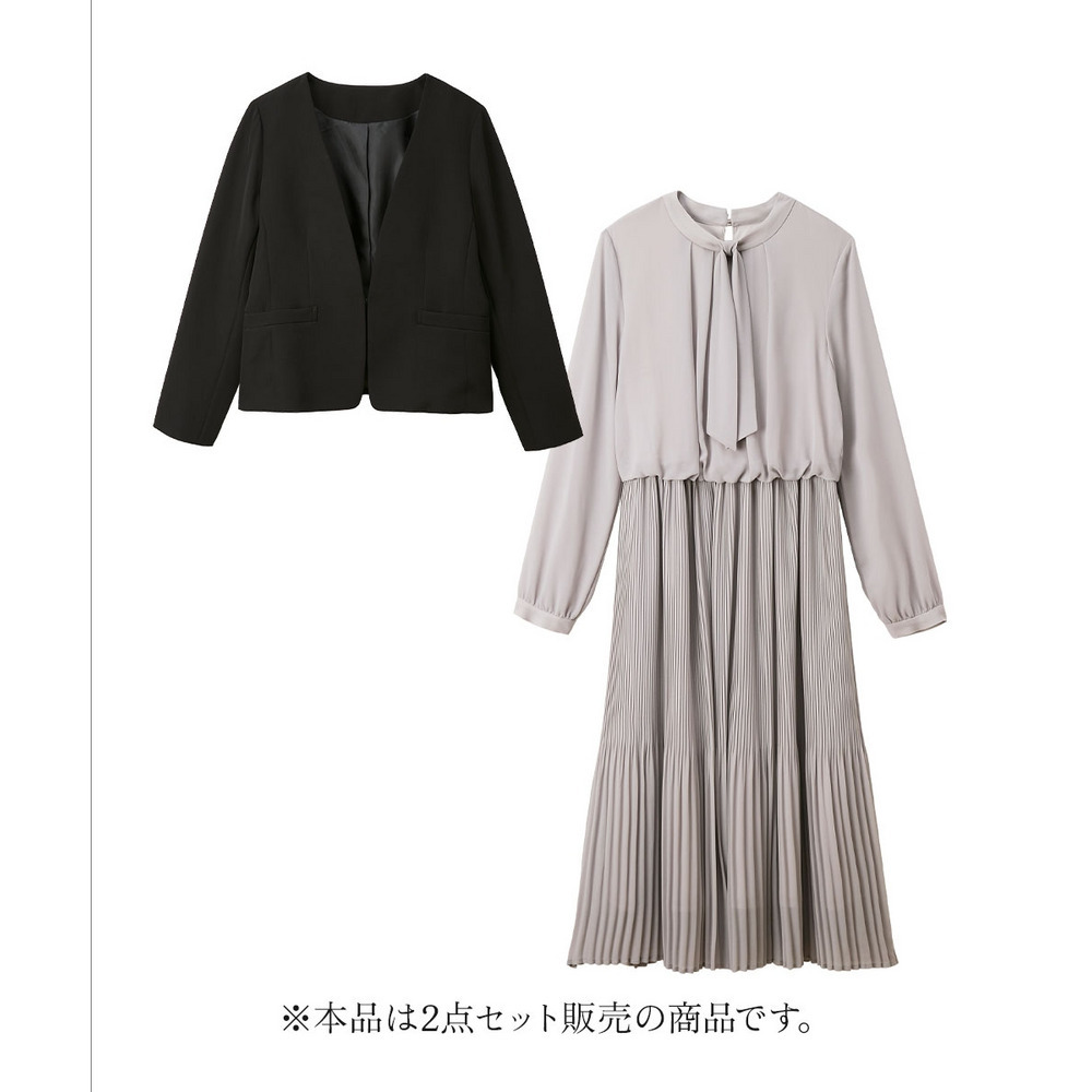 【入学式・卒業式・フォーマル】ダブルクロスノーカラージャケット+シフォンジョーゼットプリーツワンピースアンサンブル 大きいサイズ3