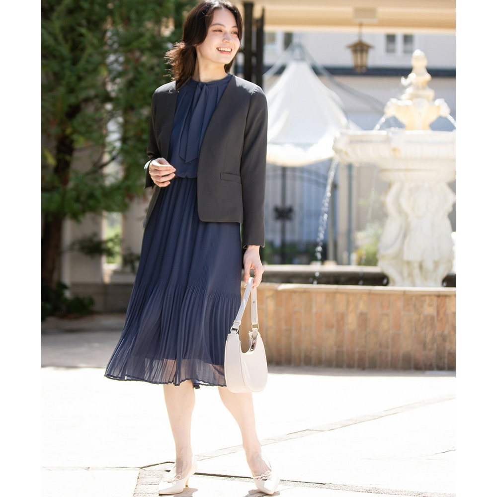 【入学式・卒業式・フォーマル】ダブルクロスノーカラージャケット+シフォンジョーゼットプリーツワンピースアンサンブル 大きいサイズ6