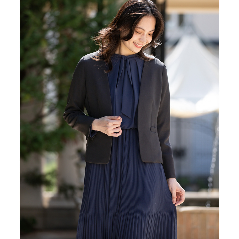 【入学式・卒業式・フォーマル】ダブルクロスノーカラージャケット+シフォンジョーゼットプリーツワンピースアンサンブル 大きいサイズ8