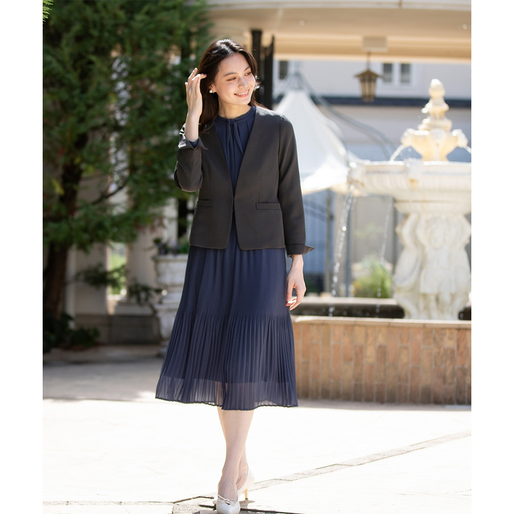 【入学式・卒業式・フォーマル】ダブルクロスノーカラージャケット+シフォンジョーゼットプリーツワンピースアンサンブル 大きいサイズ9