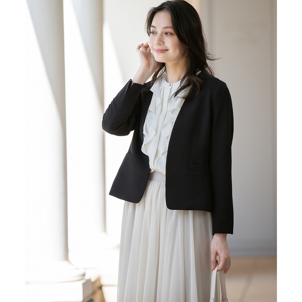 【入学式・卒業式・フォーマル】ダブルクロスストレッチノーカラージャケット+チュールスカートセットアップ 大きいサイズ10