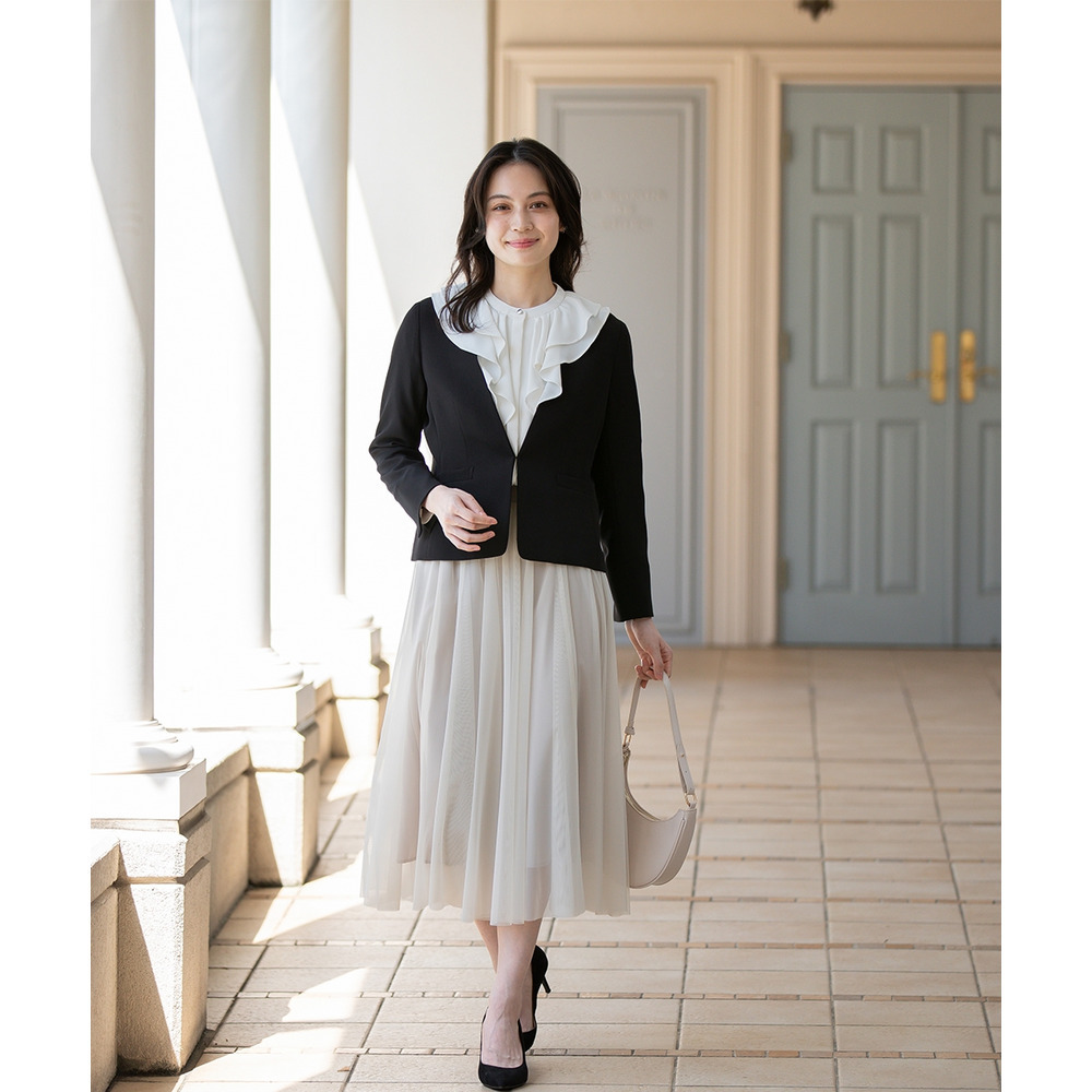 【入学式・卒業式・フォーマル】ダブルクロスストレッチノーカラージャケット+チュールスカートセットアップ 大きいサイズ11