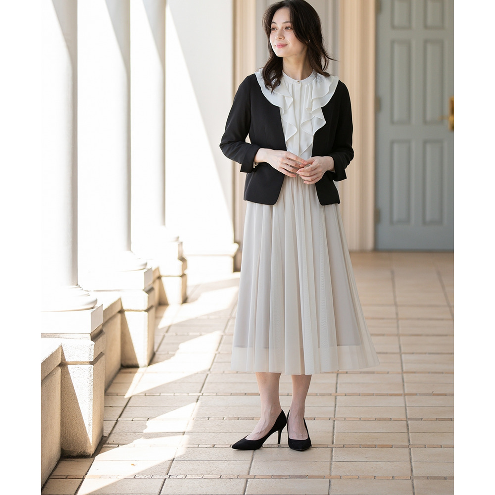 【入学式・卒業式・フォーマル】ダブルクロスストレッチノーカラージャケット+チュールスカートセットアップ 大きいサイズ14