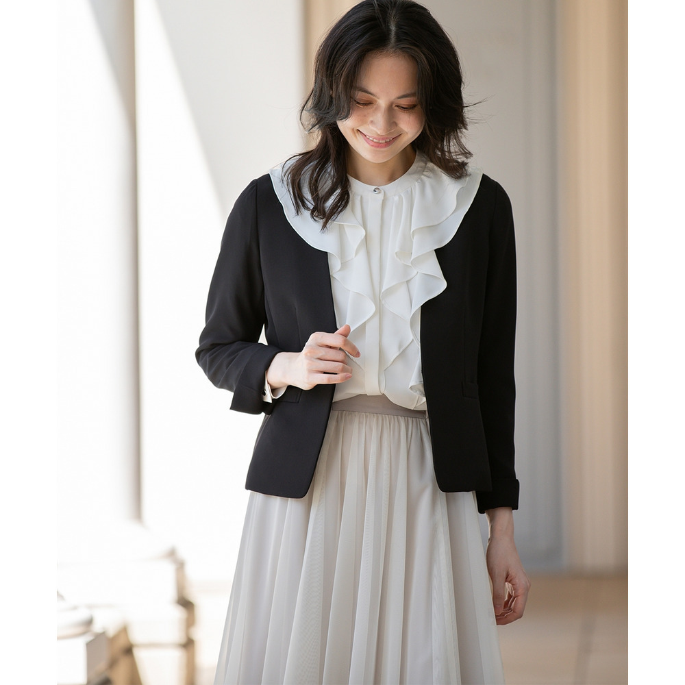 【入学式・卒業式・フォーマル】ダブルクロスストレッチノーカラージャケット+チュールスカートセットアップ 大きいサイズ15