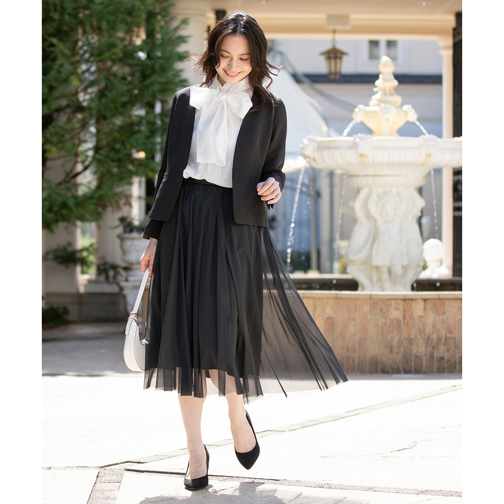 【入学式・卒業式・フォーマル】ダブルクロスストレッチノーカラージャケット+チュールスカートセットアップ 大きいサイズ16