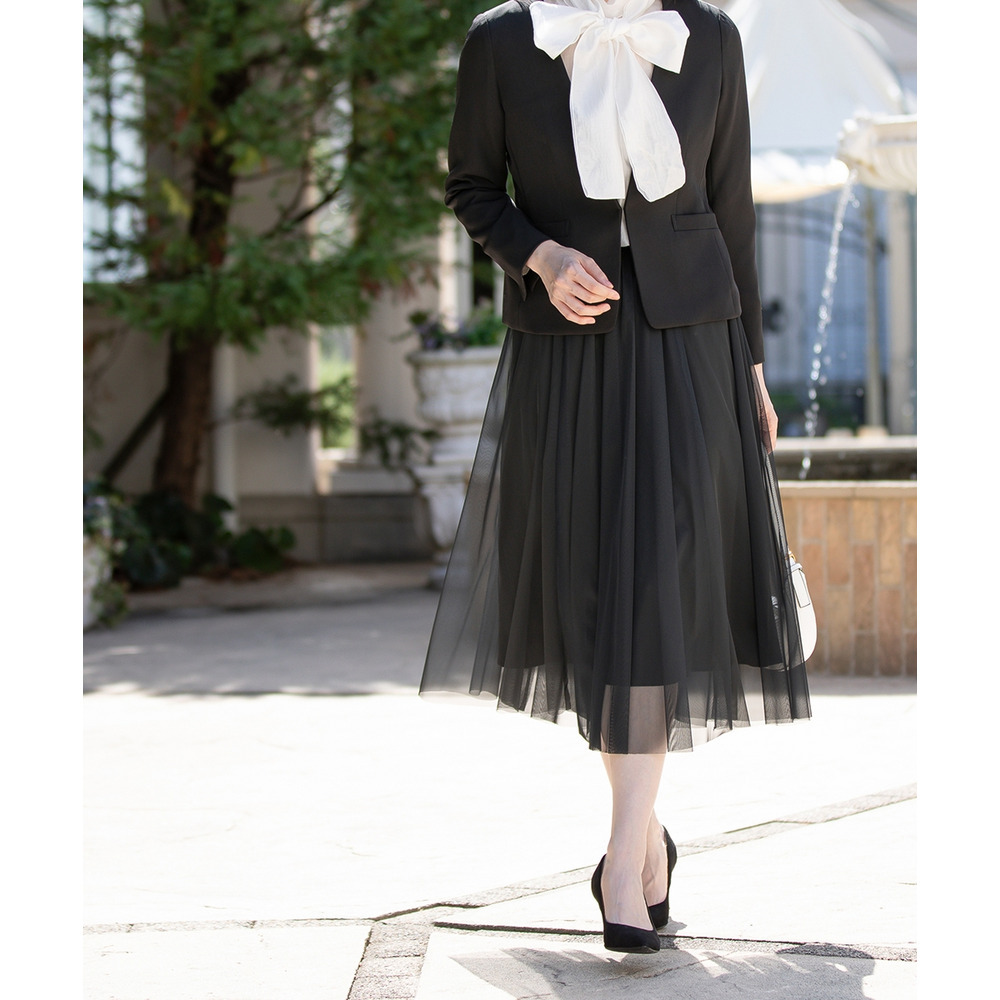 【入学式・卒業式・フォーマル】ダブルクロスストレッチノーカラージャケット+チュールスカートセットアップ 大きいサイズ18