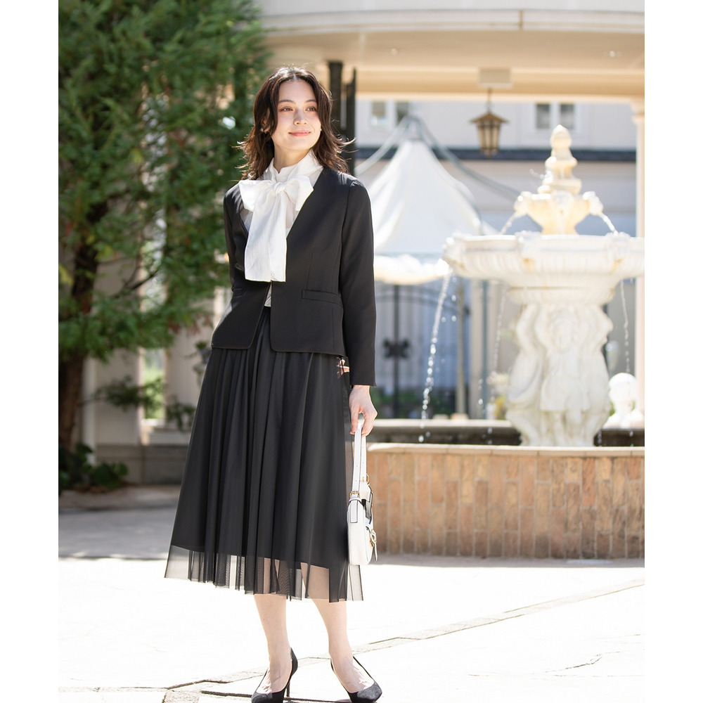 【入学式・卒業式・フォーマル】ダブルクロスストレッチノーカラージャケット+チュールスカートセットアップ 大きいサイズ19