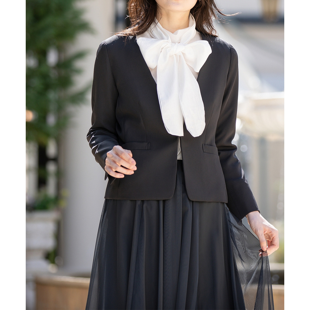 【入学式・卒業式・フォーマル】ダブルクロスストレッチノーカラージャケット+チュールスカートセットアップ 大きいサイズ20