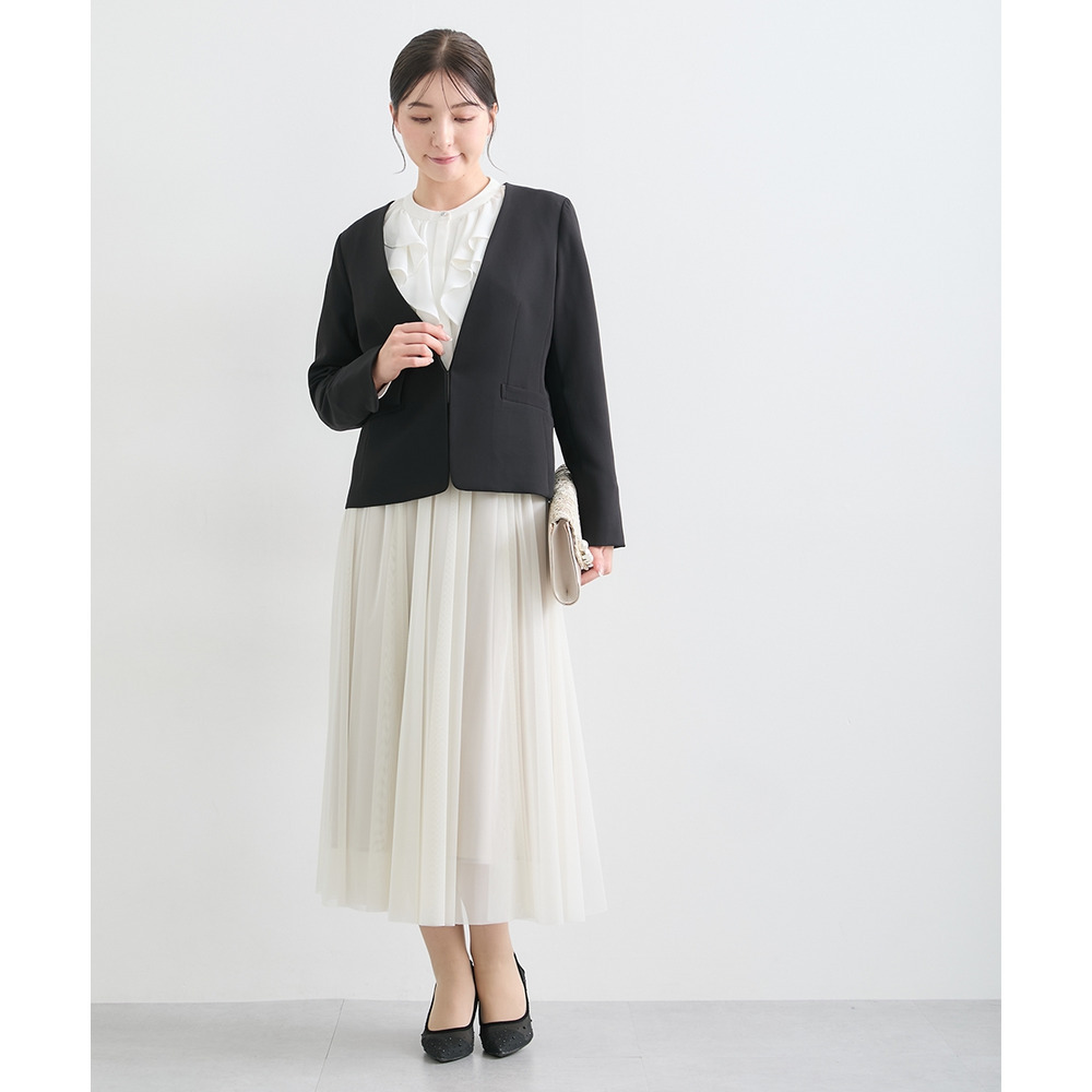 【入学式・卒業式・フォーマル】ダブルクロスストレッチノーカラージャケット+チュールスカートセットアップ 大きいサイズ24