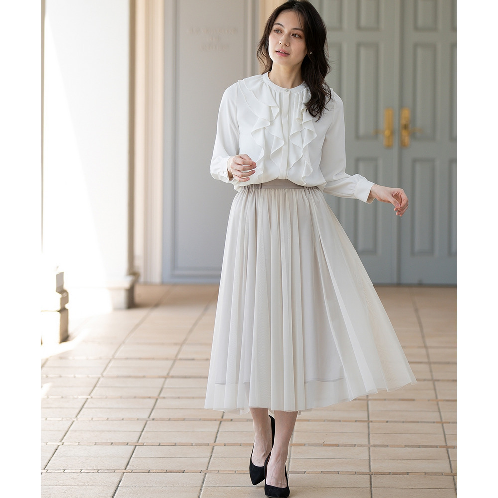 【入学式・卒業式・フォーマル】ダブルクロスストレッチノーカラージャケット+チュールスカートセットアップ 大きいサイズ4