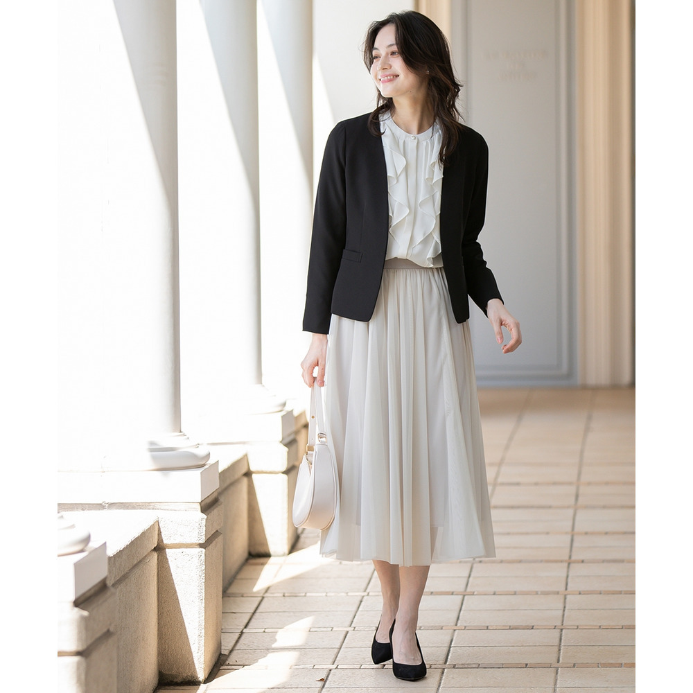 【入学式・卒業式・フォーマル】ダブルクロスストレッチノーカラージャケット+チュールスカートセットアップ 大きいサイズ7