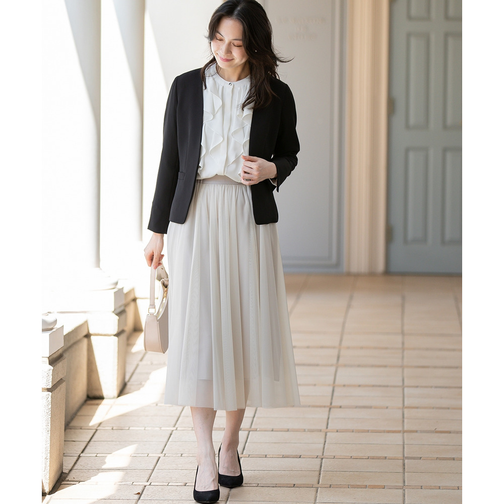 【入学式・卒業式・フォーマル】ダブルクロスストレッチノーカラージャケット+チュールスカートセットアップ 大きいサイズ8